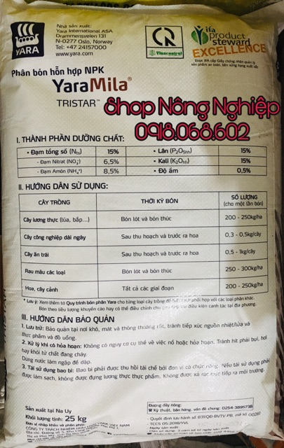 Phân bón gốc Yara Mila Trista 15-15-15 (1kg)