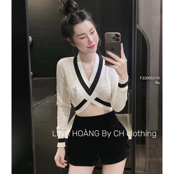 Áo len croptop dài tay cổ V viền màu vạt chẻ khoét bụng kiểu TT2209