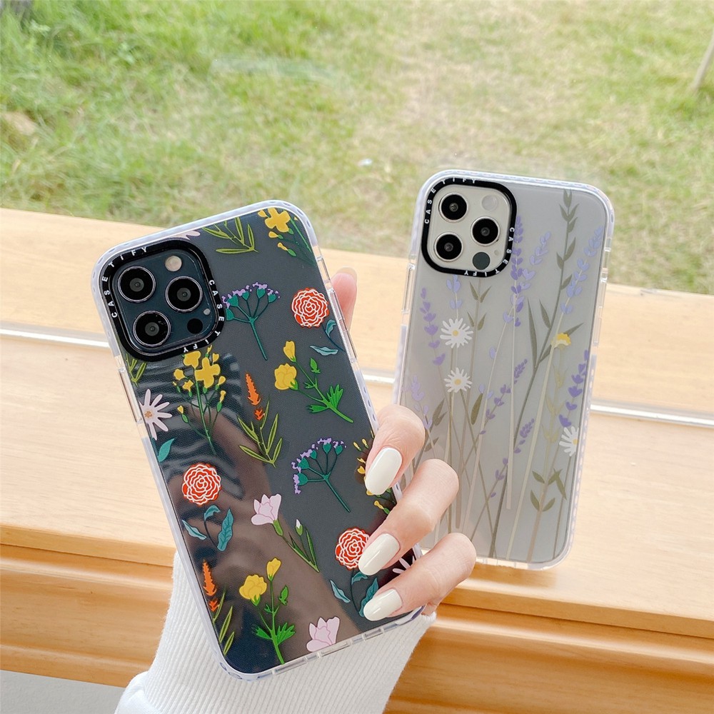 Apple iPhone 7 8 Plus 7+ 8+ X XS XR 11 11Pro 12 Mini 12Mini Pro Max XSMax SE 2020 insta Style Casetify Tide Brand Cute Hand Painted Floral Flower Daisy Lavender Lens Protection Flexible Soft Silicone TPU Case Cover Anti-Drop Casing