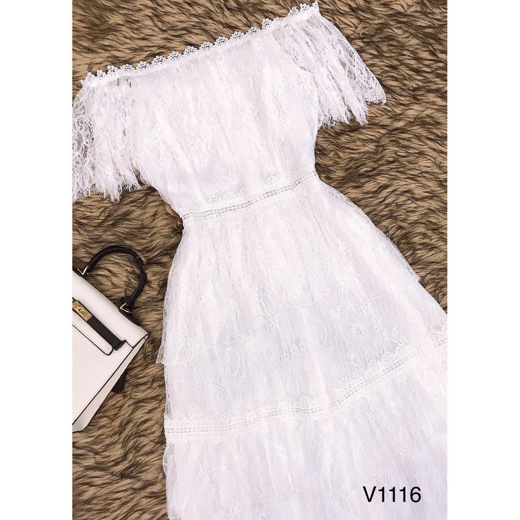 [ xả kho ] MiD Đầm ren trắng trễ vai 3 tầng V1116 Mie Design ảnh thật