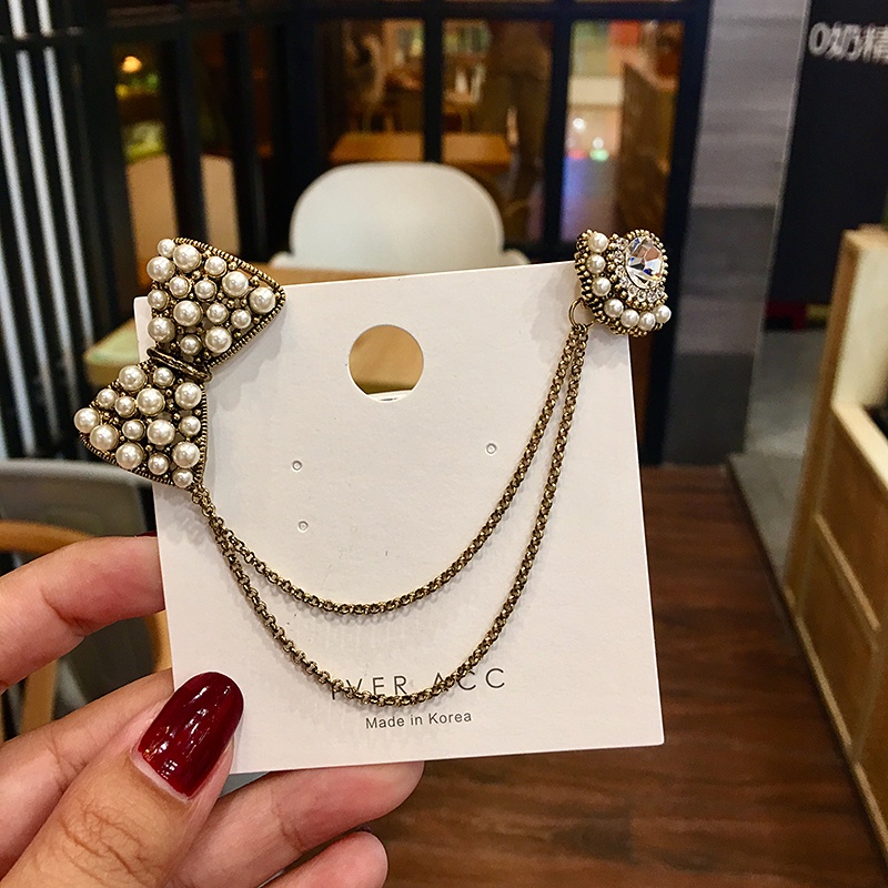 Ghim cài áo hình nơ phối dây xích phong cách vintage thời trang cho nữ