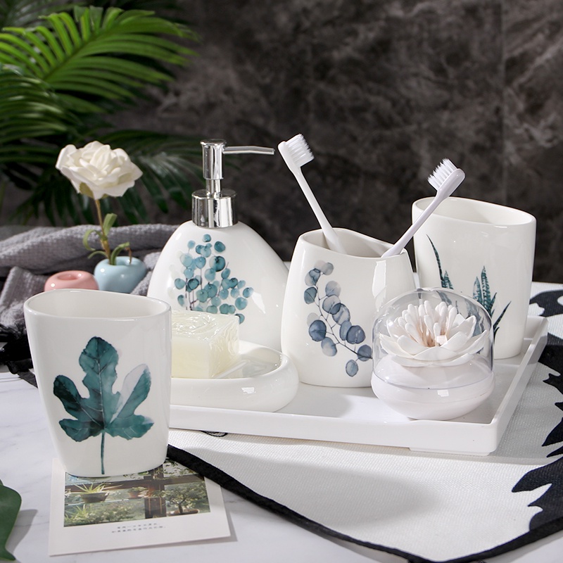 Bộ dụng cụ vệ sinh nhà tắm gồm sáu món bằng sứ màu xanh lá cây phong cách Bắc Âu