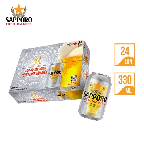 Combo trọn vị: 1 thùng 24 lon bia Sapporo Premium (330ml/lon) + 1 khô gà vị lá chanh 180g