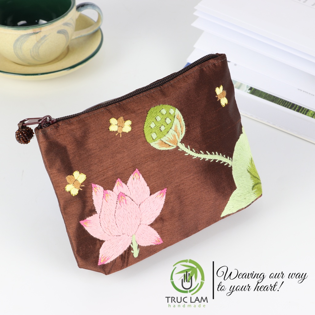 Ví Cầm Tay Túi Đựng Vải Tafta Họa Tiết Hoa Sen Thêu Tay P1 - Trúc Lâm Handmade