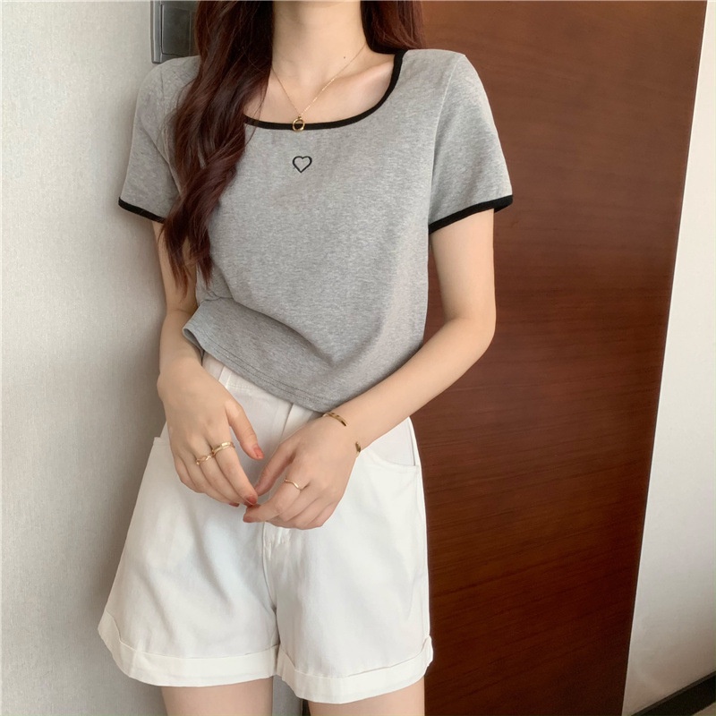 【WANG JIAO ZHAN】 Áo croptop thun ngắn tay họa tiết thêu hình trái tim thời trang Hàn Quốc【6753】