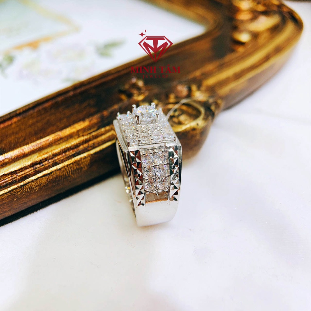 Nhẫn nam bạc xi kim gắn đá full nửa nhẫn đá chủ 5 ly bạc 950 Minh Tâm Jewelry