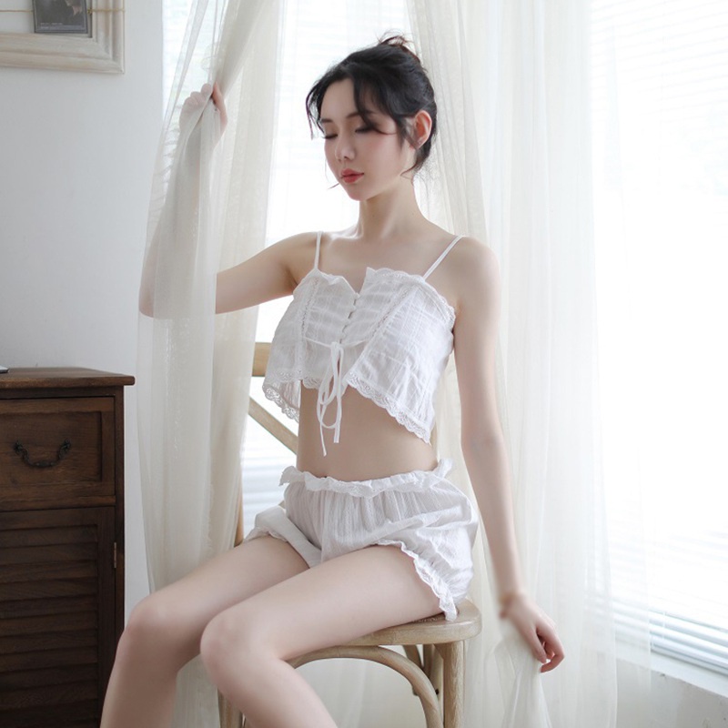1 Bộ Đồ Ngủ Áo Hai Dây Phối Ren + Quần Short Thoải Mái Gợi Cảm Cho Nữ