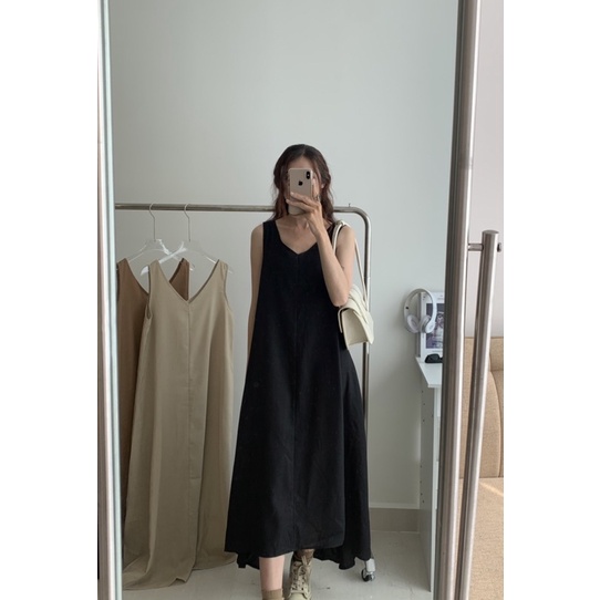 Váy linen PAAES dáng chữ A freesize màu Nâu/Đen