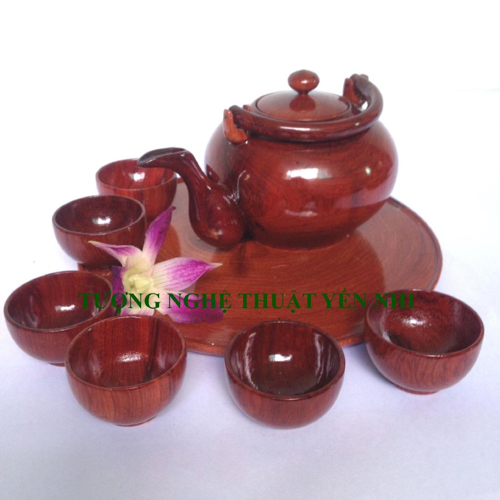 Bộ ấm chén trà gỗ Giáng Hương cao cấp có đĩa (1 ấm + 6 chén + dĩa)