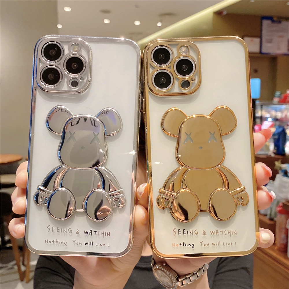 Ốp điện thoại mềm trong suốt màu trơn in hình gấu hoạt hình cho iPhone 13 Pro Max 12 Pro Max