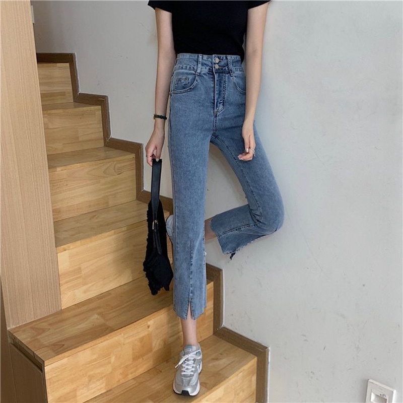 Quần jean IELGY cắt gấu xẻ tà cạp cao nút cài đôi size lớn cho nữ