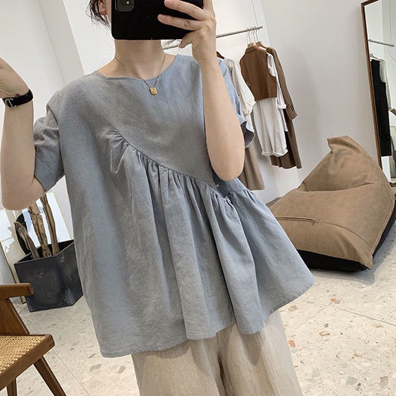 Áo thun tay ngắn cổ tròn dáng rộng phong cách mùa hè thanh lịch cho nữ