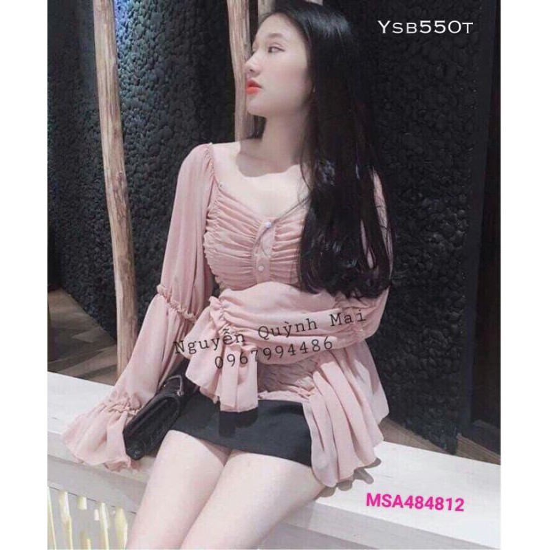 Sét áo voan nhúng tay dài loe phối chân váy ôm HÀNG THIẾT KẾ