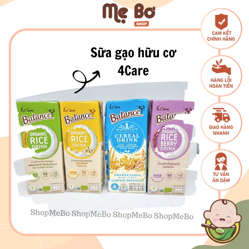 [4CARE] SỮA GẠO/NGŨ CỐC HỮU CƠ 180ml 4 CARE