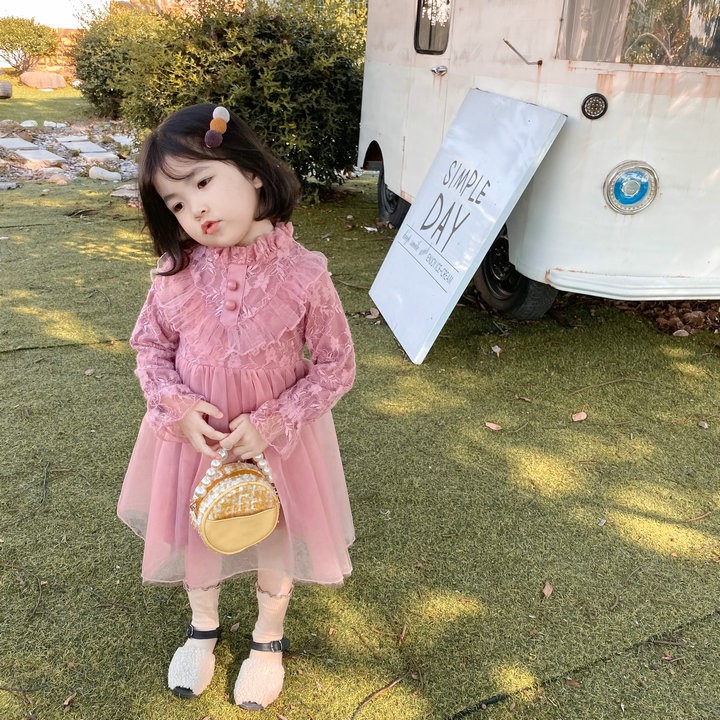 Váy bé gái đầm công chúa dài tay thun nhung phối organza xòe thời trang trẻ em 19Kg đến 22Kg