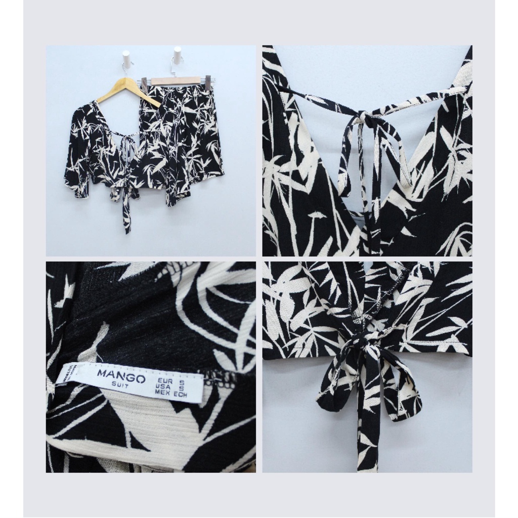Q8642 (Q8643) - Áo croptop Mango tay lửng loe đan dây cột nơ in hình lá & Quần short Mango lưng thun in hình lá