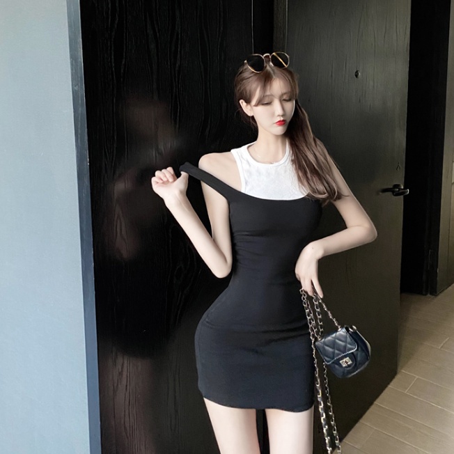 Sexy beautiful back temperament slim fit fake two-piece vest skirt women's summer Korean version close waist thin short Hip Wrap Dress