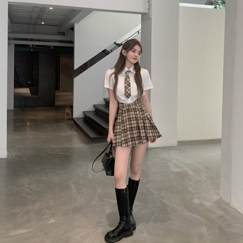 Cổ Phiếu Sẵn Sàng❣Bộ Trang Phục Hai Mảnh Gồm Áo Sơ Mi Cổ POLO Tay Ngắn Phong Cách Preppy Kèm Cà Vạt + Chân Váy Xếp Ly 2022 Thời Trang Mùa Hè Cho Bạn Gái