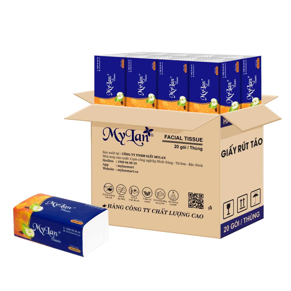 Thùng 20 Gói Giấy Vệ Sinh Rút MyLan Táo Xanh, 3 Lớp / Tờ