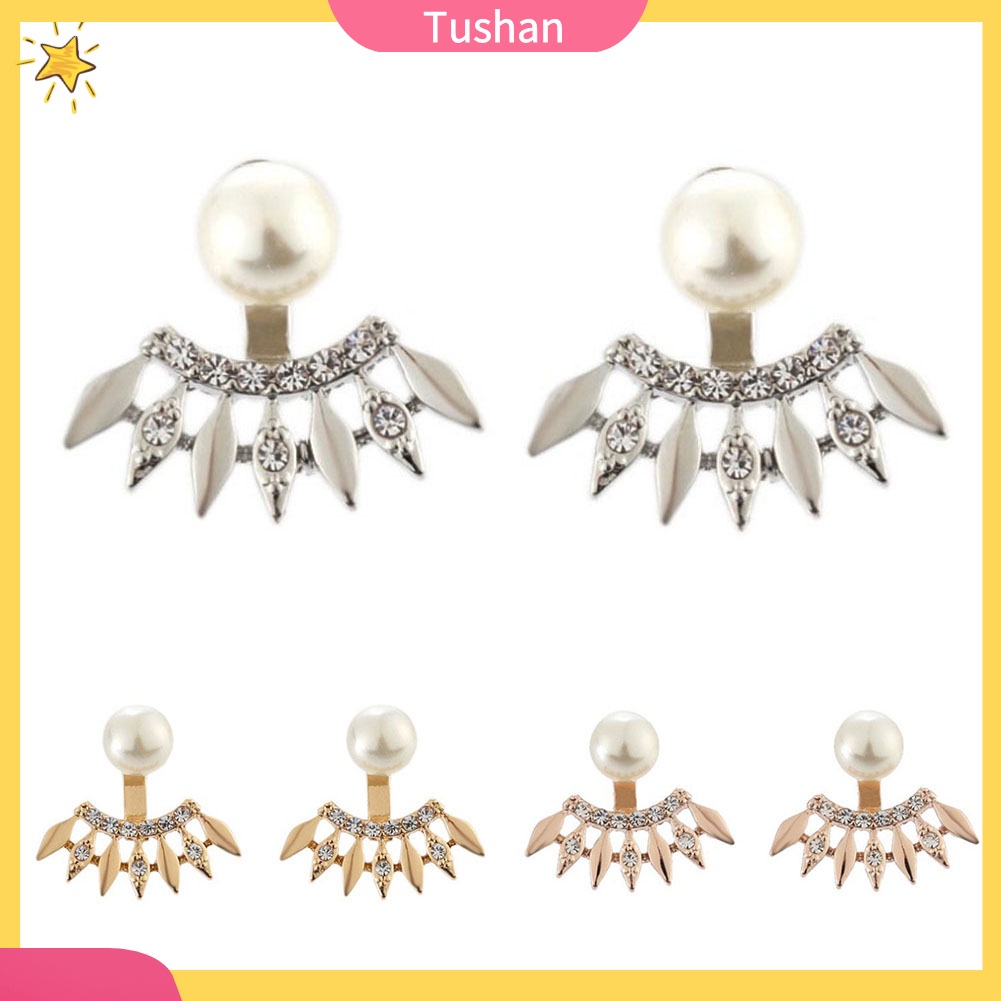 TUSH_Fashion Women Rhinestone Faux Pearl Fan Shape Ear Jackets Earrings Jewelry Gift