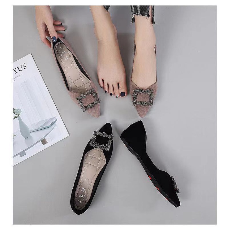 Giày Búp Bê Da Lộn Mũi Nhọn Đế Mềm Đính Đá Trang Trí Sang Trọng Thời Trang 2022 Cho Nữ