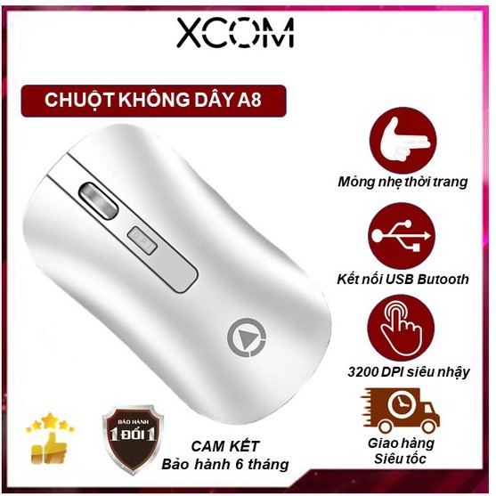 Chuột Không Dây Blutooth XCOM A8 Pin Sạc  Dành Cho Pc, Laptop, Macbook, Thiết Kế Vừa Tay, Chắc Chắn, Tiện Lợi Cực Kì Êm