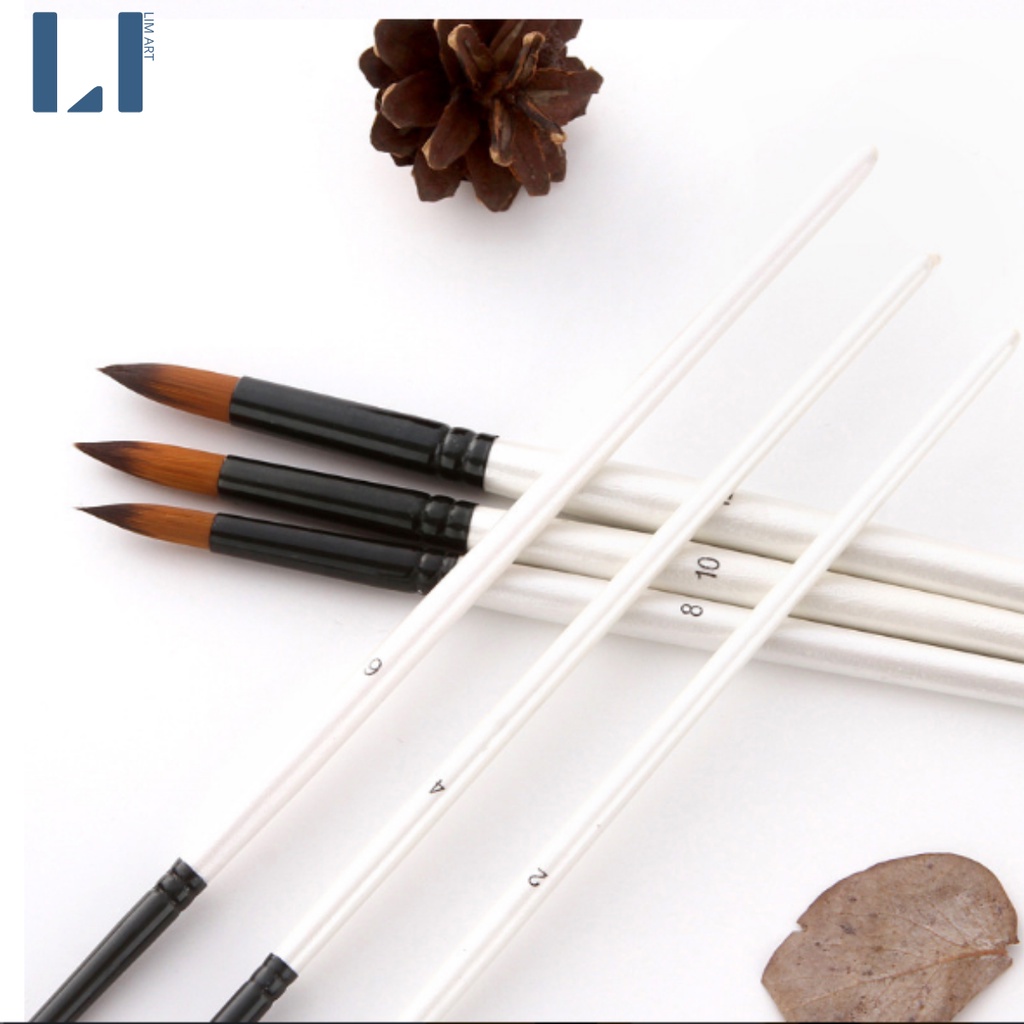 Bộ 6 cọ vẽ gỗ lông mềm cao cấp màu trắng ngọc trai LIM Art