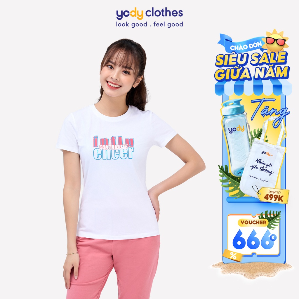 Bộ đồ nữ YODY mùa hè vải cotton siêu mát in chữ Influencer nhiều màu BDN5114