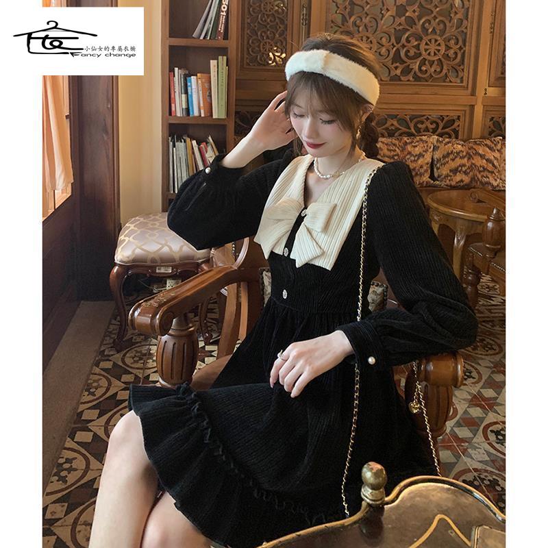 Đầm Nhung Đính Nơ Phong Cách Retro Thời Trang Mùa Xuân Hàng Mới Chất Lượng Cao 2022