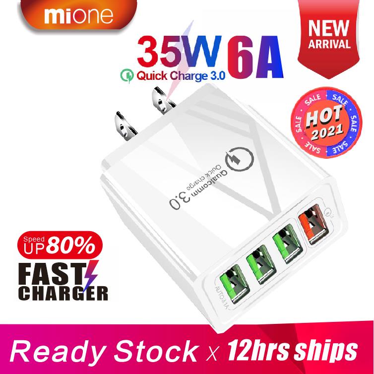 Cốc Sạc Nhanh USB 4 Cổng Mione 35W bộ sạc thông 6A Charger QC 3.0 5V3A Tiện Dụng Khi Đi Du Lịch US Charger Adapter