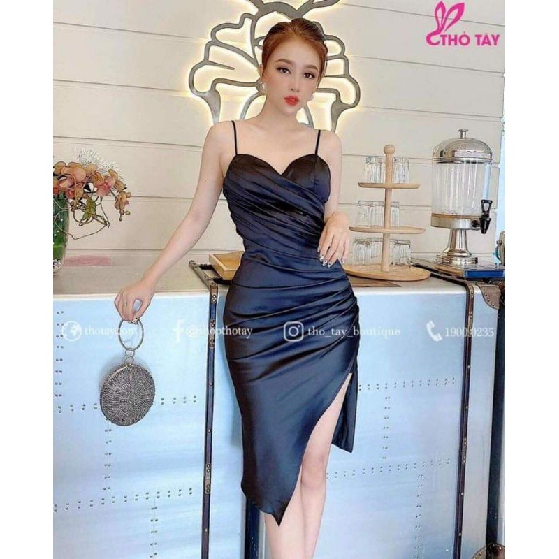 Đầm 2 dây xếp ly eo xẻ tà