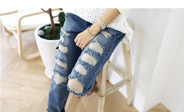 Quần jean baggy xanh đậm lưng thun big size wash rách size đại 70-90kg