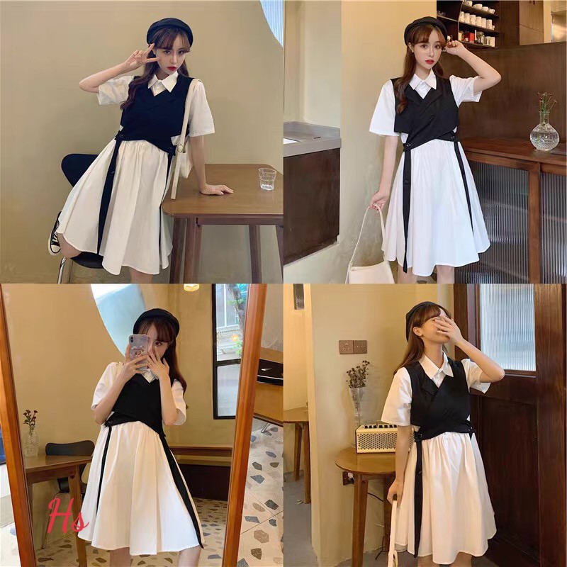 Set váy cổ sơ mi Babydoll áo Gile đai tách rời không nhăn bộ đầm trắng vest đen đan dây chéo - elliestore