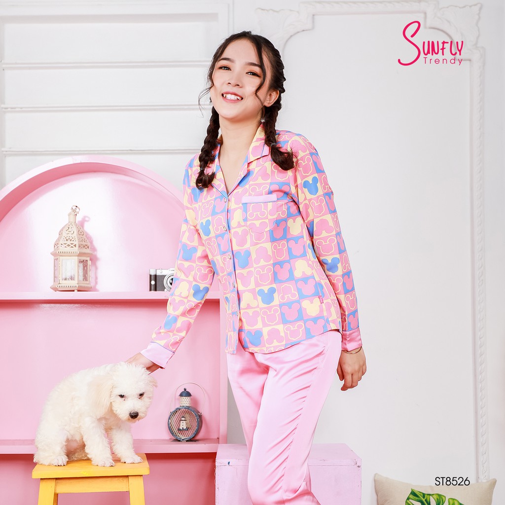 Đồ bộ Pijamas lụa SUNFLY áo dài tay, quần dài ST8526