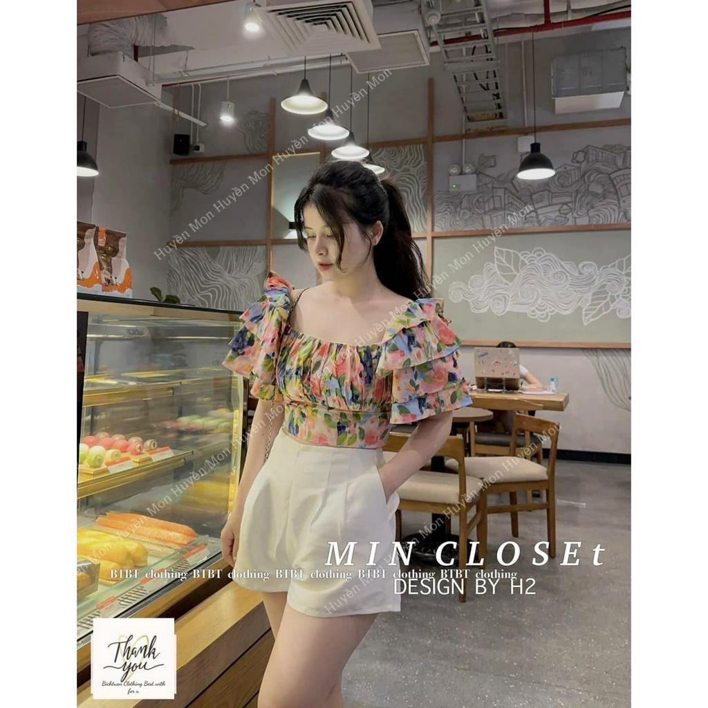 Áo hoa trễ vai tay tầng 2 lớp hót