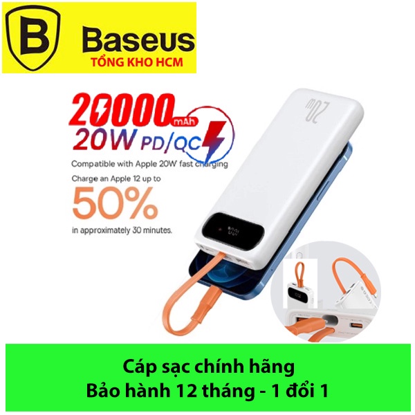 🔥Pin sạc dự phòng kèm cáp Baseus Quick Charge 10000/20000mAh 20W màu trắng tinh khôi,sang trọng bảo hành 12 tháng