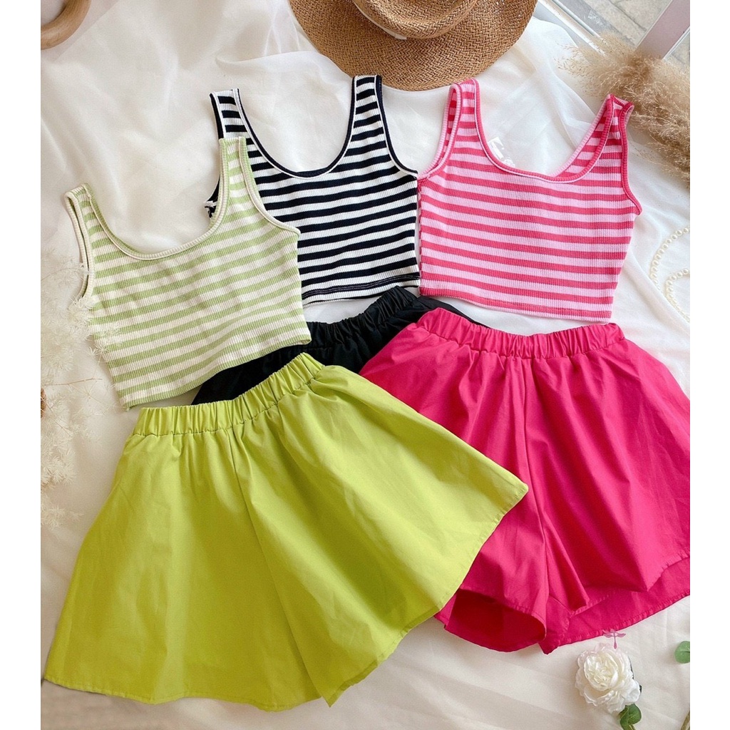 set ba lỗ sọc ngang mix quần short xòe k