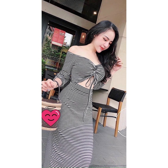 Đầm tay dài ôm body trễ vai rút dây ngực khoét eo cực sexy , chất thun gân dày dặn mềm mịn