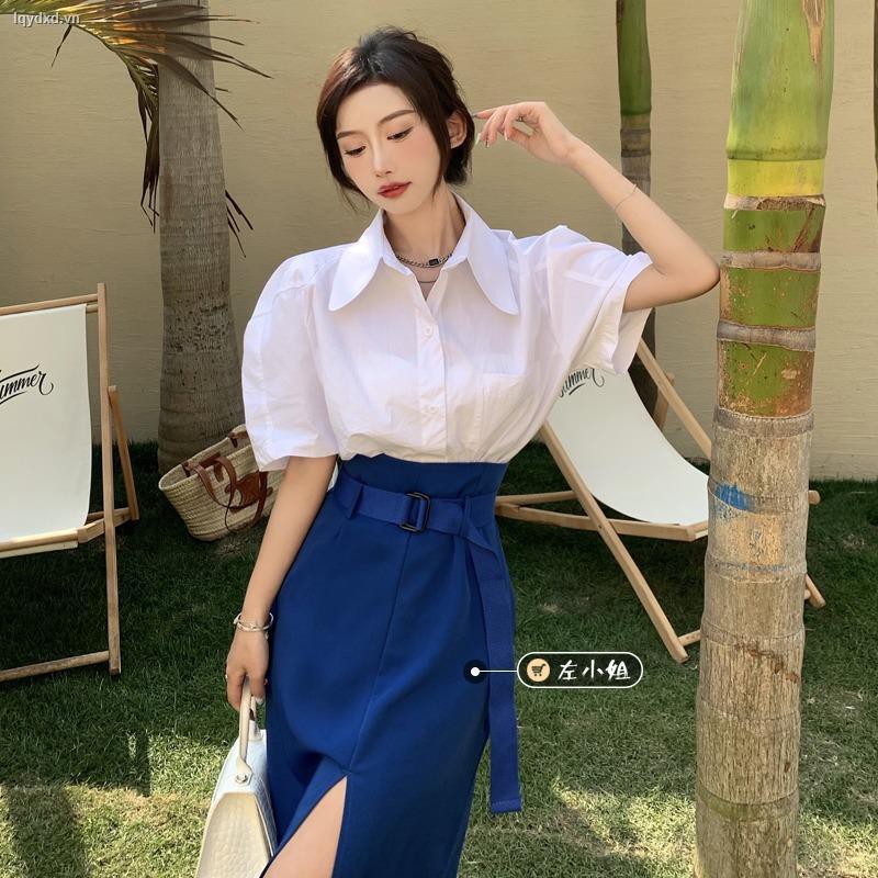 Set Áo Kiểu Tay Phồng + Chân Váy Eo Cao Xẻ Tà Thời Trang Hè 2021 Phong Cách Hàn Quốc