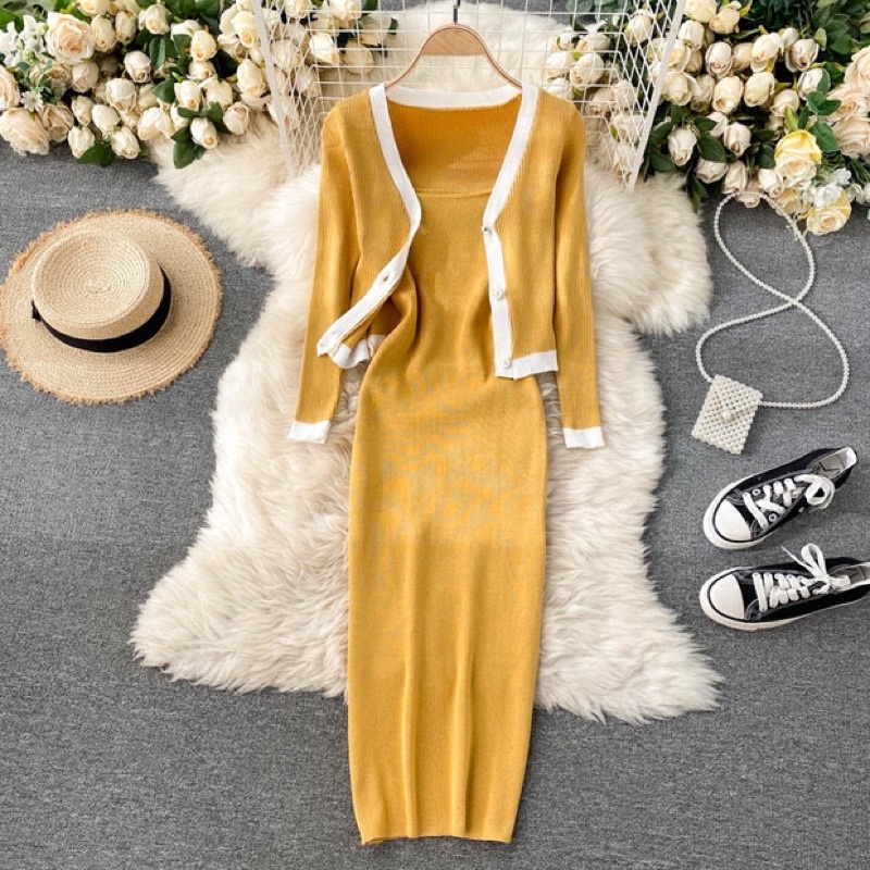 Set đầm kèm khoác, đầm dây phối khoác viền trắng chất vải thun gân