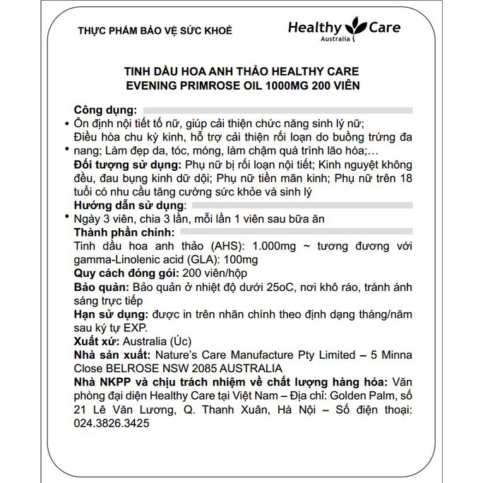 Comb 2 hộp Viên uống tinh dầu hoa anh thảo Healthy Care Evening Primrose Oil- Hỗ trợ điều hòa nội tiết tố nữ (200 viên)