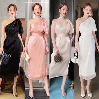 Đầm thiết kế lệch vai tơ ánh nhũ