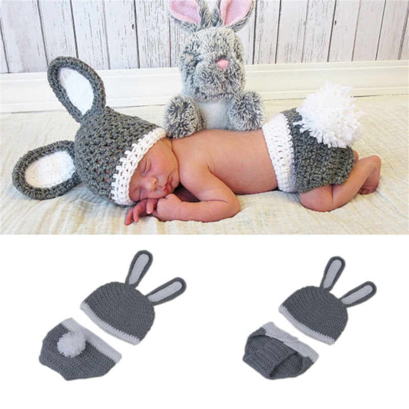 Bộ Trang Phục 2 Mảnh Gồm Mũ Đan Len + Quần Ngắn Tai Thỏ Màu Xám Dùng Chụp Ảnh Cho Bé Sơ Sinh