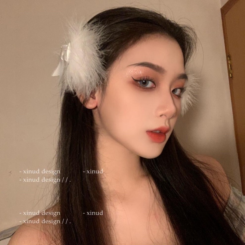 Kẹp Tóc Nơ Phối Lông Vũ Màu Trắng Xinh Xắn Đáng yêu