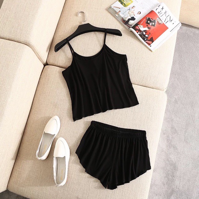 Bộ Quần Áo Ngủ Vanvene Áo Hai Dây Và Quần Đùi Cotton Trơn Mềm Mịn Thấm Hút Mồ Hôi Thoáng Mát Cho Ngày Hè T001