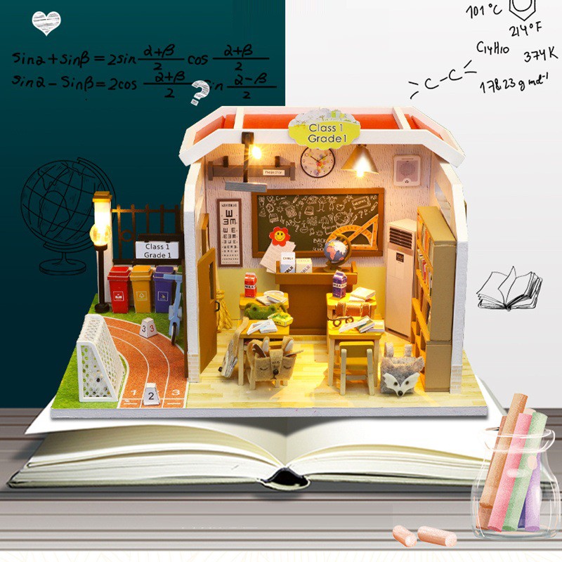 Mô hình nhà DIY Doll House Lớp học Class 1 Kèm Mica chống bụi, Bộ dụng cụ và Keo dán