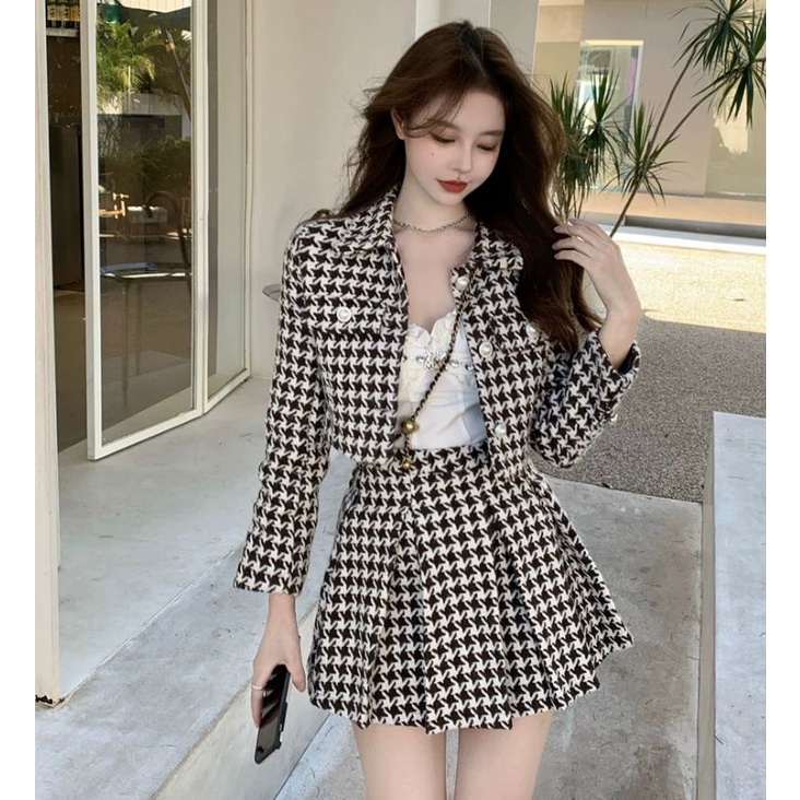 (SẴN) LalaClothing Bộ dạ ngắn họa tiết kiểu răng sói chuẩn loại đẹp