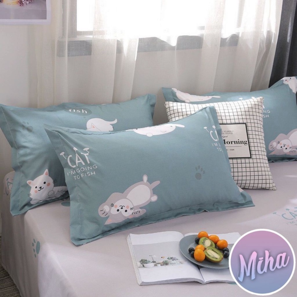 Bộ chăn ga gối Cotton Poly Kanta store Mèo lười, vỏ chăn mền, drap giường và 2 vỏ gối