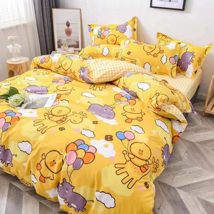 Bộ chăn ga gối drap giường chất cotton poly họa tiết hà mã vịt hươu