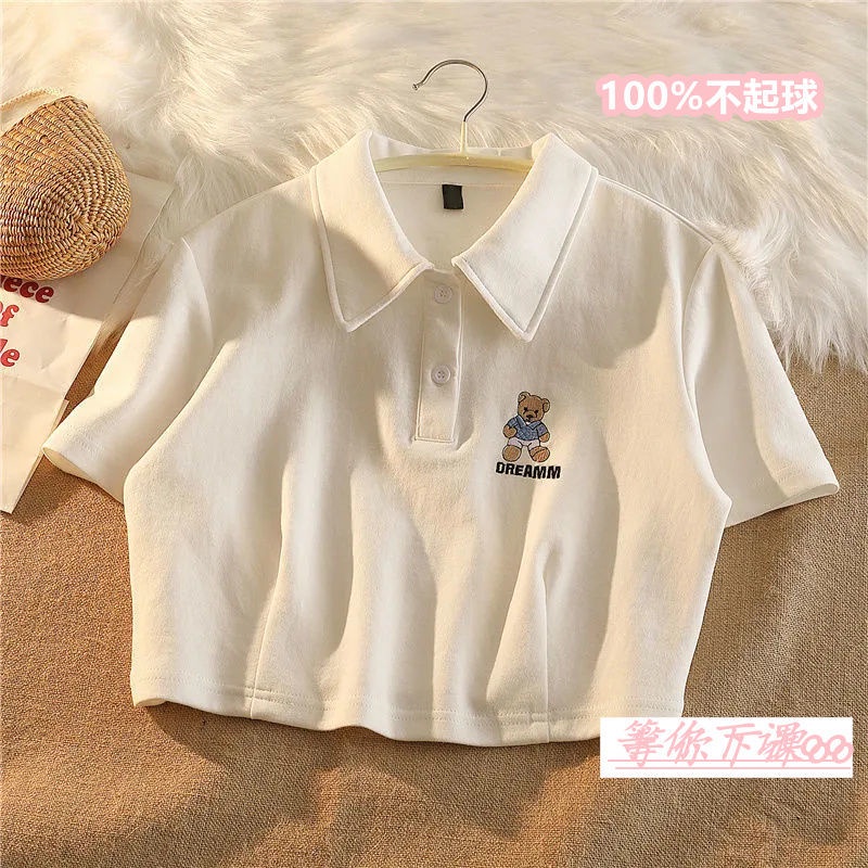 Áo Thun polo Tay Ngắn 7 Màu Trắng Họa Tiết Gấu Dễ Thương Thời Trang Cho Nữ